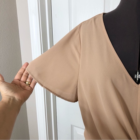 Entro V Neck Adjustable Knot Detail Cape Sleeve Zipper Dusty Rose Tan Dress L - Picture 4 of 14